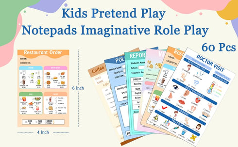 4x6 Inch 60 Kids Pretend Play Notepads Imaginative Role Play Bundle Police Role Play Notepad Restaurant Role Play Pad