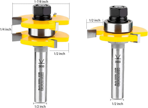 Set 2 1/2 Inch Set 3 KOWOOD Tongue and Groove of Pieces Shank Router Bit Teeth Adjustable T Shape Wood Milling Cutter