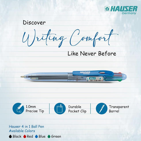 HAUSER 4 In 1 Pens Ballpoint 4 Pc, 1.0 mm Colorful Pens, Blue/Black/Red/Green Pens For Note Taking, Multicolored Pens, Pens For School, Back To College Essentials, Back To School Supplies