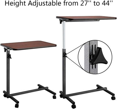 Tilting Bedside Table with Wheels & Brake - Adjustable for Hospital and Home Use, Dark Wood Grain