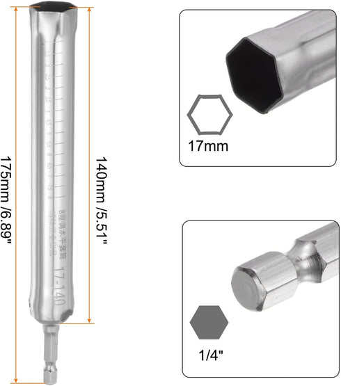 Hollow Socket, 17mm x 140mm Deep Well Power Nut Driver, 1/4" Quick-Change Hex Shank for Impact Drivers