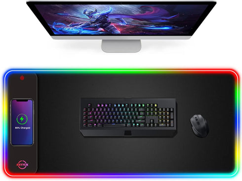 RGB LED Mouse Pad with 15W Wireless Charger, Extra Large Non-Slip Rubber Base Gaming Mousepad for PC