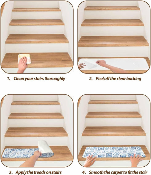 LBCASA 4 8 30 Inch Stair Treads Non Slip Indoor for Wooden Steps, Blue Nautical Ship Pcs Stair Mats for Kids Elders