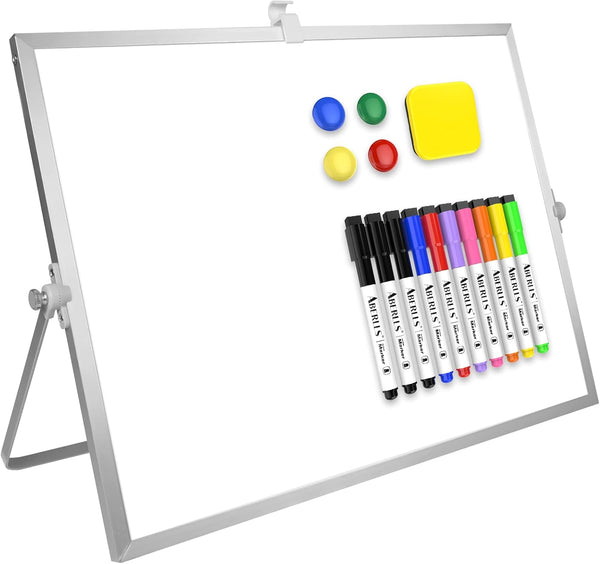 Large Magnetic Desktop Whiteboard, 16inX12in with Stand, 10 Markers, 4 Magnets, Portable Double-Sided Easel
