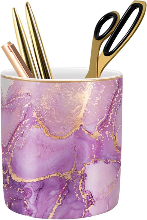Cute Ceramic Pen Holder for Desk, WAVEYU Purple Marble Marker Holder, Makeup Brush Holders, Desk Accessories