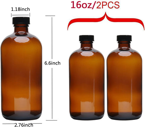 2pcs 16oz Amber Glass Boston Round Bottles with Air Tight Seal, Perfect for Storing Condiments and Homemade Oils