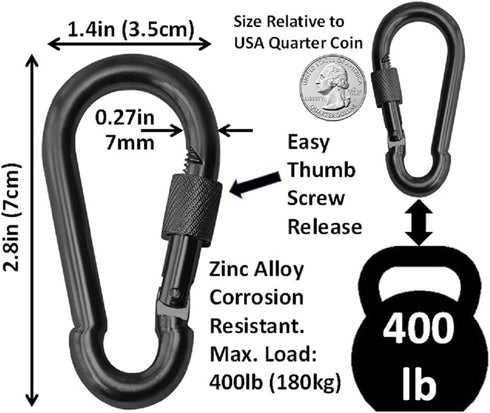 Black & Silver Heavy Duty Bushcraft Locking Thumb Screw Closure, Zinc-Galvanized Steel Carabiner Spring Snap Clip