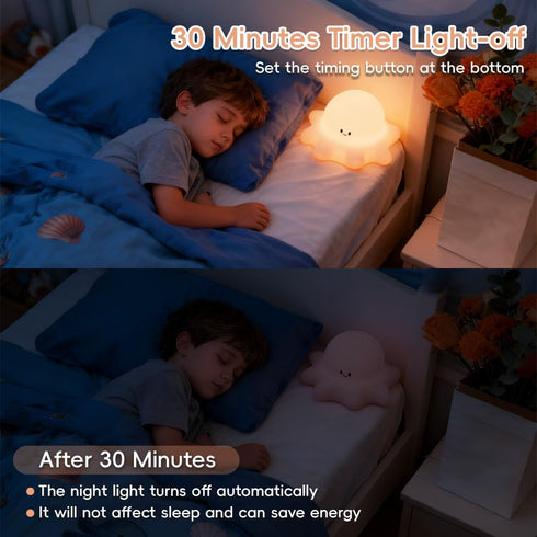 AINEEU 3-Level Dimmable Octopus Night Light, Rechargeable and Brightness, Soft Silicone Nursery Night Light with Timer