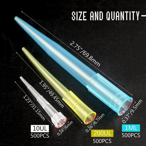 1500PCS Laboratory Universal Pipette Tips 3-Size Plastic Liquid Pipette Tips 10ul 200ul 1000ul (Yellow Blue Clear)