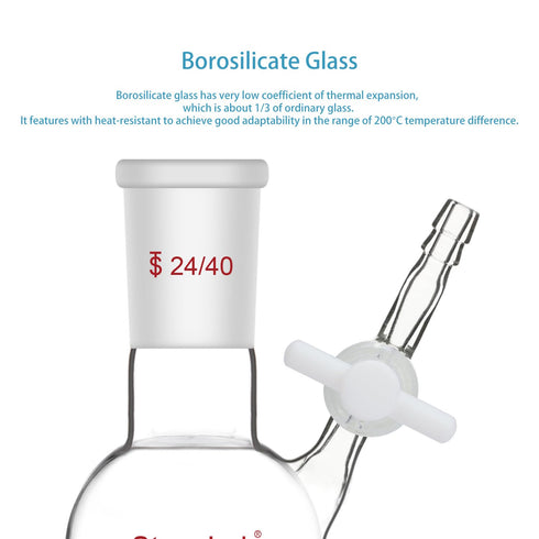 stonylab 50 ml Reaction Flask, Borosilicate Glass Single-Neck Round Bottom Flask with 24/40 Joint & PTFE Stopcock Valve