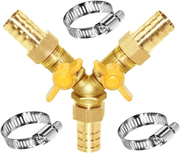 Joywayus 3 Way Shut Off Ball Valve, 3/4" Hose Barb Y Shaped Brass Fitting with 2 Switch