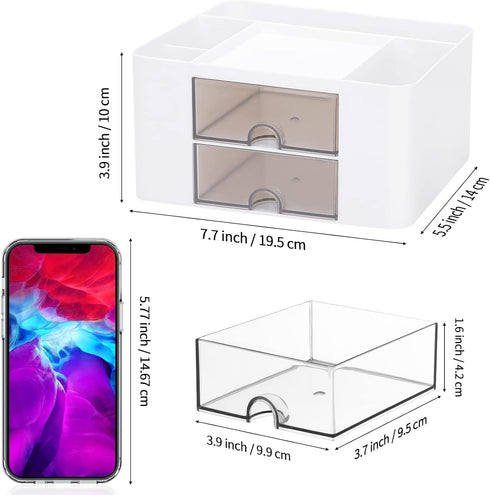 LETURE Desk Organizer with 2 Drawer, Plastic Desktop Pen Pencil Card Holder Storage Box for Desk, Office Supplies, Vanity Table Office School Home (White) by LETURE