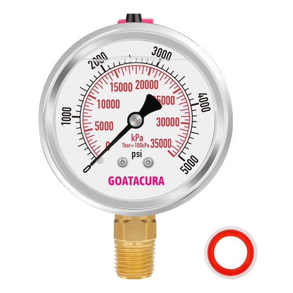 Glycerin Filled Pressure Gauge, 0 to 5000psi, 2.5" Dial Size, Stainless Steel Case, with Vent Valve