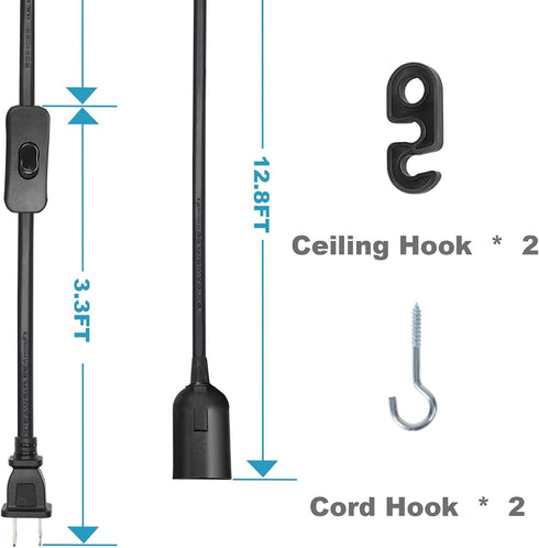 BigiWoon E26/E27 Bulb 16Ft 1 Pack Plug in Hanging Lantern Cord, Light Socket Extension Cord with On/Off Switch Lamp