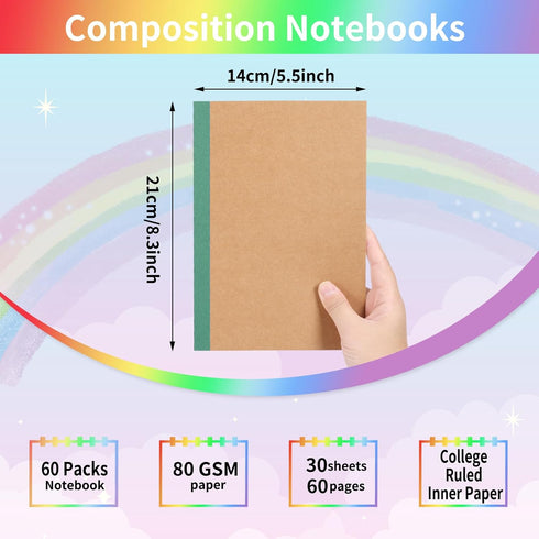 EOOUT 60 Pack A5 Kraft Notebooks, 15 Colors Lined Journal Bulk, 60 Pages for Kids Women Girls