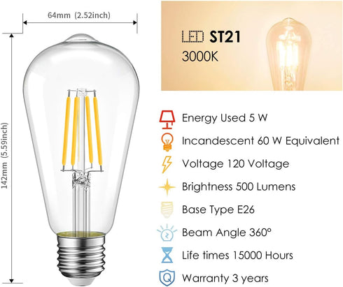 ST21 Bulb 5W(60 Dimmable 3000K Bulb E26 (6-Pack) (5W-Soft LVWIT LED Filament Watt Equivalent) Soft White Vintage Edison