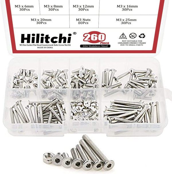 Hilitchi 260-Piece Metric M3 Hex Socket Flat Head Countersunk Bolts Screw Nut Assortment Kit