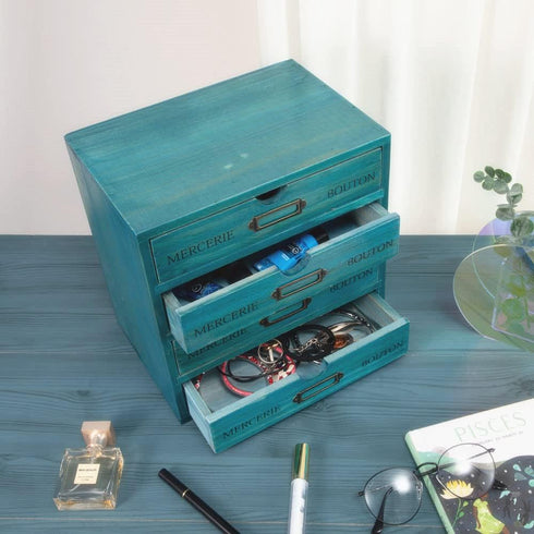 Wooden Storage Box with 4 Drawers, Vintage Office Supplies Organizer, Rustic Jewelry Box (BLUE)