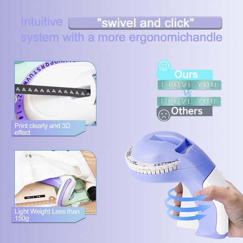 Purple Embossing Label Maker with 3 Label Tapes, Handheld Vintage 3D Embosser Label Printer for Home Office School DIY