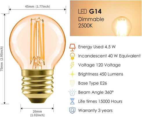 LVWIT G14 LED Filament Globe Bulb 5.5W (40W Equivalent), Dimmable 2500K Warm White E26 Screw Base, Decorative Edison