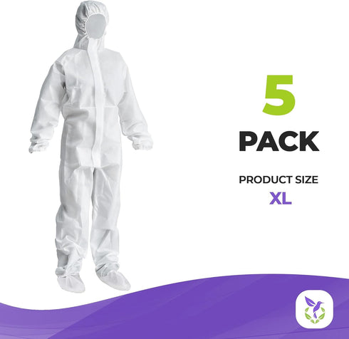 60 Pack 5, AMZ Medical Supply Disposable Coveralls, White SMS GSM, X-large, of Hooded Full Body Suit with Boots
