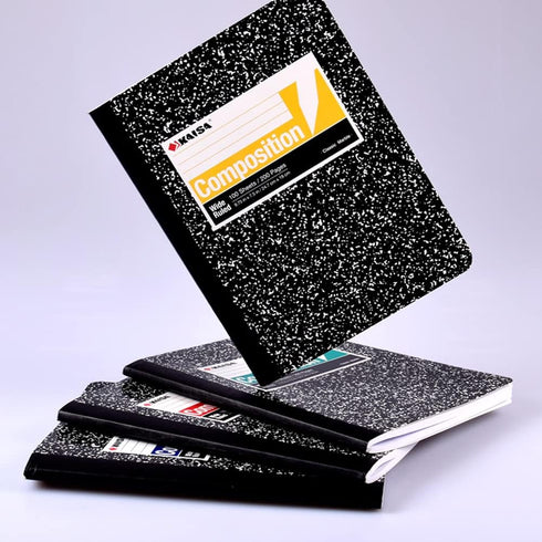 KAISA Composition Notebooks, 4 Pack, Wide Ruled, 9-3/4" x 7-1/2", Black Marble Covers, 100 Sheets