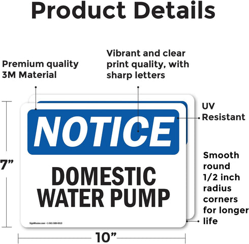 (2 Pack) Domestic Water Pump OSHA Notice Sign 10 Inch X 7 Inch Vinyl Label Decal Sticker Weather Resistant, UV Protected for Workplace, Business, and Construction Site, Made in the USA