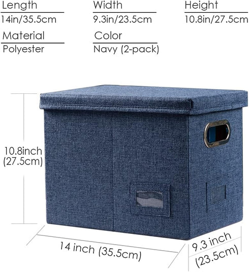 PRANDOM File Organizer Box - Set of 2 Collapsible Decorative Linen Storage with Lids for Office Cabinet (Navy Blue)