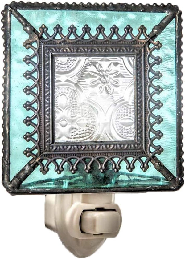 J Devlin Glass Art Stained Glass Night Light, Blue, Aquamarine, Ocean, Plug