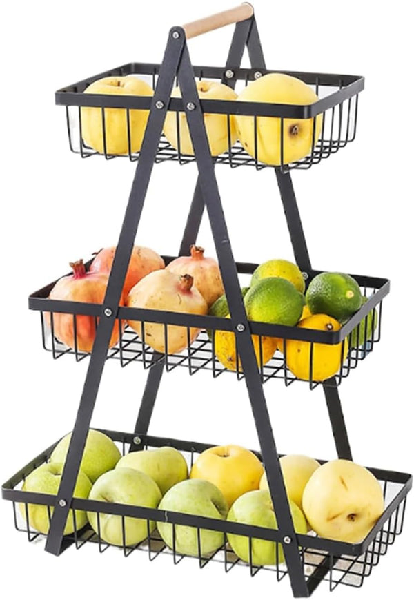 PAUANI 2/3 Tier Bread Vegetable Basket, Detachable Mesh Fruit Rack with Wooden Handle,