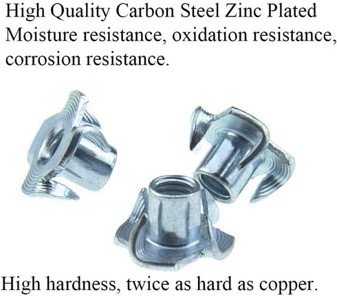 M6 X 10mm T Nut 4 Prong Tee Blind Nuts - Threaded Insert, No Rust Carbon Steel Zinc Plated, 40 Pack