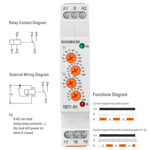 Baomain 16A SPDT Asymmetric Cycler Time Relay, Repeat Cycle Time Relay for Room Ventilation, TBT7-R1