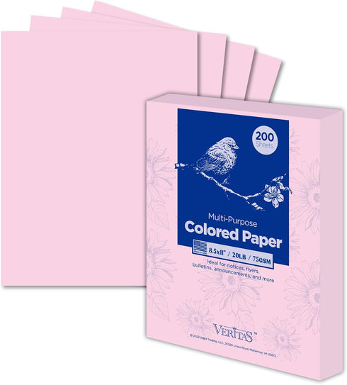 Veritas Colored Copy Paper, Pink Printer Paper, 8.5” x 11”, 20 lb / 75 GSM, 200 Sheets