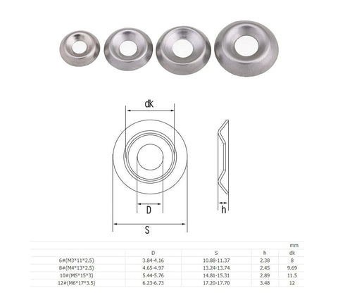 cSeao 110pcs Stainless Steel Finishing Cup Countersunk Washers Assortment Kit - 6#/8#/10#/12#