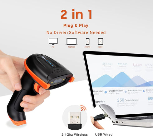 Tera Wireless Barcode Scanner, 1D Laser Cordless Reader with Battery Level Indicator, 2 in 1