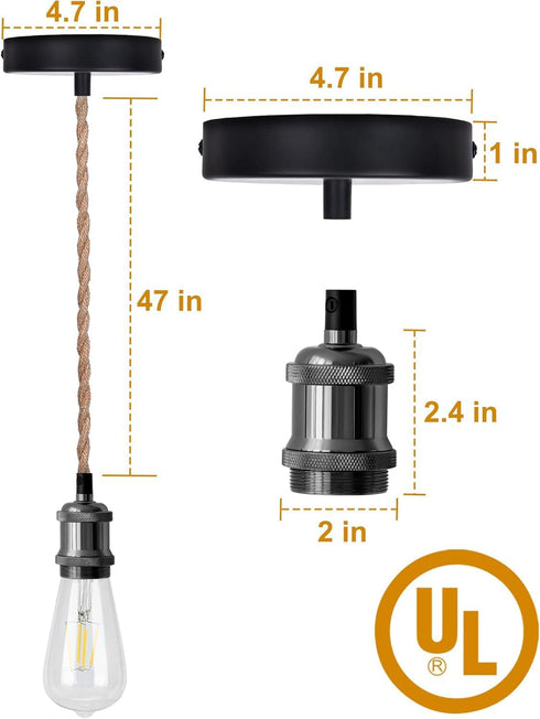 E26 E27 JACKYLED UL Boho Pendant Light Kit, Hemp Rope Light Fixture with Adjustable Hanging Light Cord & Light Socket