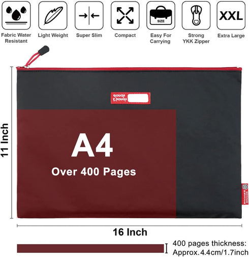 Rough Enough Document Organizer File Folder Bag for A4 Letter Size with Zipper - Waterproof Large Black