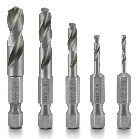 NEIKO 11402A Stubby Drill Bit Set for Metal, 5 Piece 1/4" Quick Change Hex Shank, M2 High Speed Steel