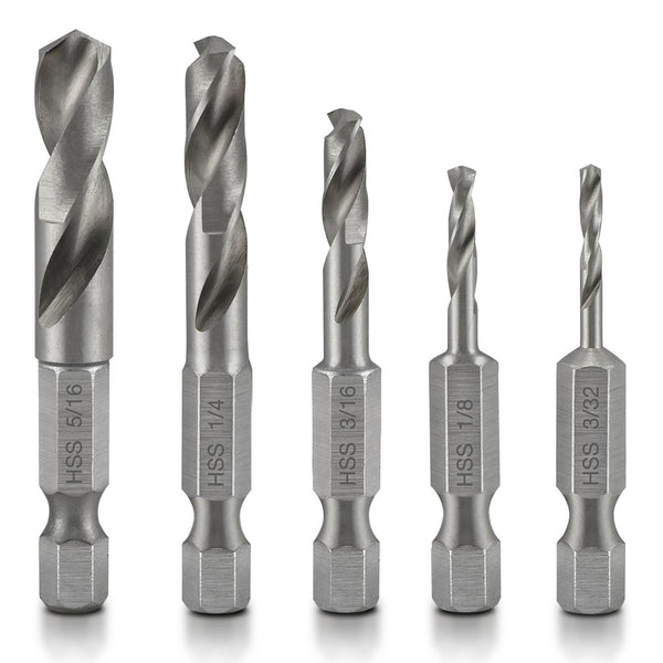 NEIKO 11402A Stubby Drill Bit Set for Metal, 5 Piece 1/4" Quick Change Hex Shank, M2 High Speed Steel