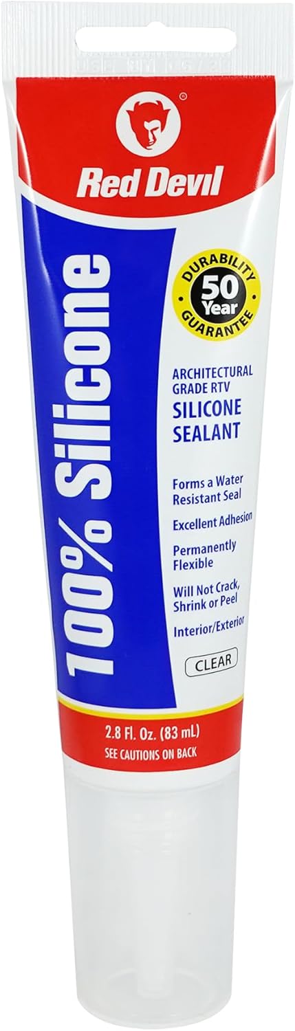 Red Devil 0820 100% Silicone Architectural Grade RTV Sealant, Clear, 2.8 oz. Tube, 1-Pack, Water-Resistant Adhesive
