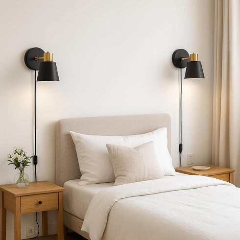 YJQHXY Set 2 3-Prong of Black & Gold Wall Sconces, Plug-in or Hardwired, Adjustable Metal Shade, Reading Lights