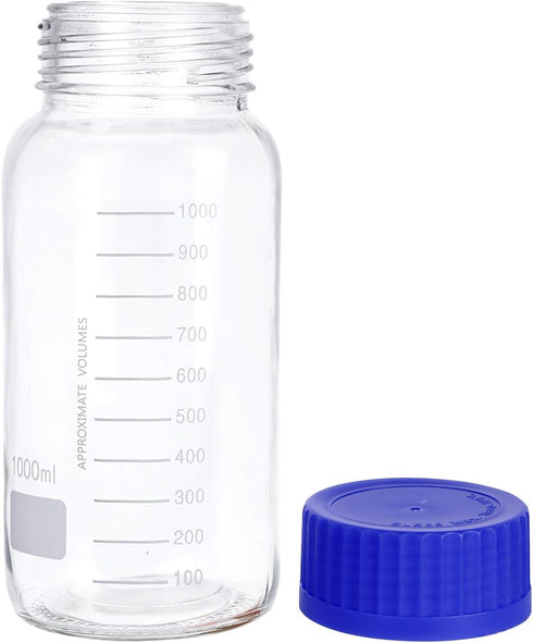 Moonetto 3 Pack 1000 mL Wide Mouth Graduated Round Glass Bottle with GL80 Blue Polypropylene Screw Cap