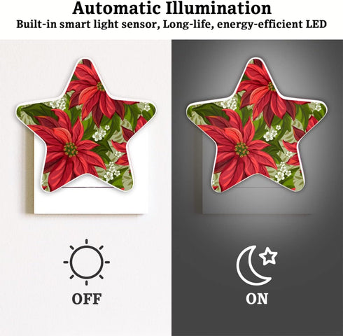 bisibuy Poinsettia Flowers Night Lights Plug Into Wall Red Green LED Nightlights with Dusk-to-Dawn Sensor Automatic