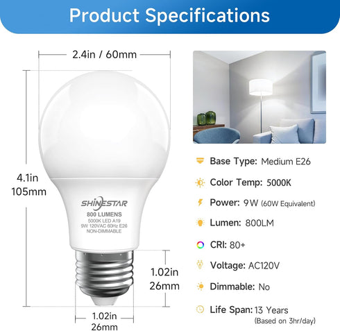 SHINESTAR A19 LED Light Bulb, 60W Equivalent Light Bulbs, E26 Base, 9W 5000K Daylight, 800 Lumens Non-Dimmable LED Bulb, 14000 Hour Lifetime, 6-Pack by SHINESTAR