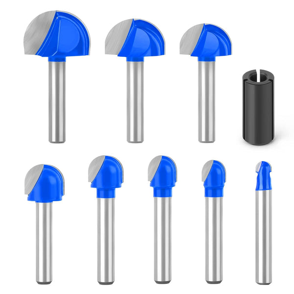 8Pcs Cemented Carbide Router Bit Cove Box for Woodworking, 1/4" Shank Round Nose, Cutting Diameter 1/4" to 1"