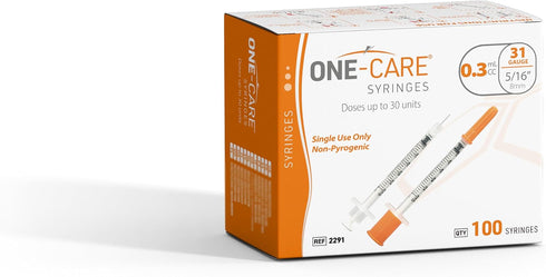0.3 ml/cc, 31G 5/16 (8mm), 100 ONE-CARE Syringe x Individually Wrapped, Orange Cap, Box of pcs