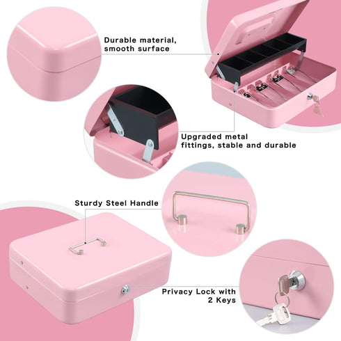 Design,4 5 Slots,11.8" 9.5" 3.5",Pink xydled Cash Box with Money Tray and Key Lock,Tiered, Cantilever Bill / Coin x x