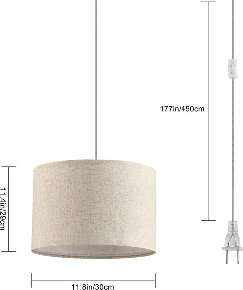 2 Pack 15Ft Plug in Pendant Light, Hanging Light with Clear Cord, On/Off Switch, Beige Linen Fabric Lamp Shade, Hanging