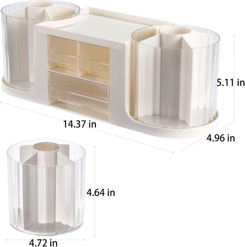 Rotating Desk Organizer with 2 Pen Holders, 10 Slots Pencil Holder, 3 Drawer Art Supply Storage Box Caddy for Office,
