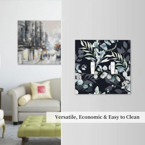 Decorative Switch Plate Covers Boho Black Grey Eucalyptus Leaf Floral, 2 Gang Double Toggle Light Switch Cover for Home